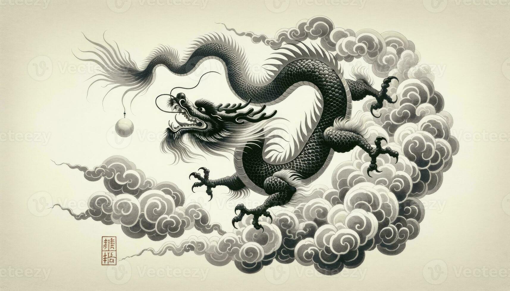 A dragon amidst a sea of clouds, playfully chasing the elusive pearl of wisdom, embodying the spirit of the New Year. AI Generated photo