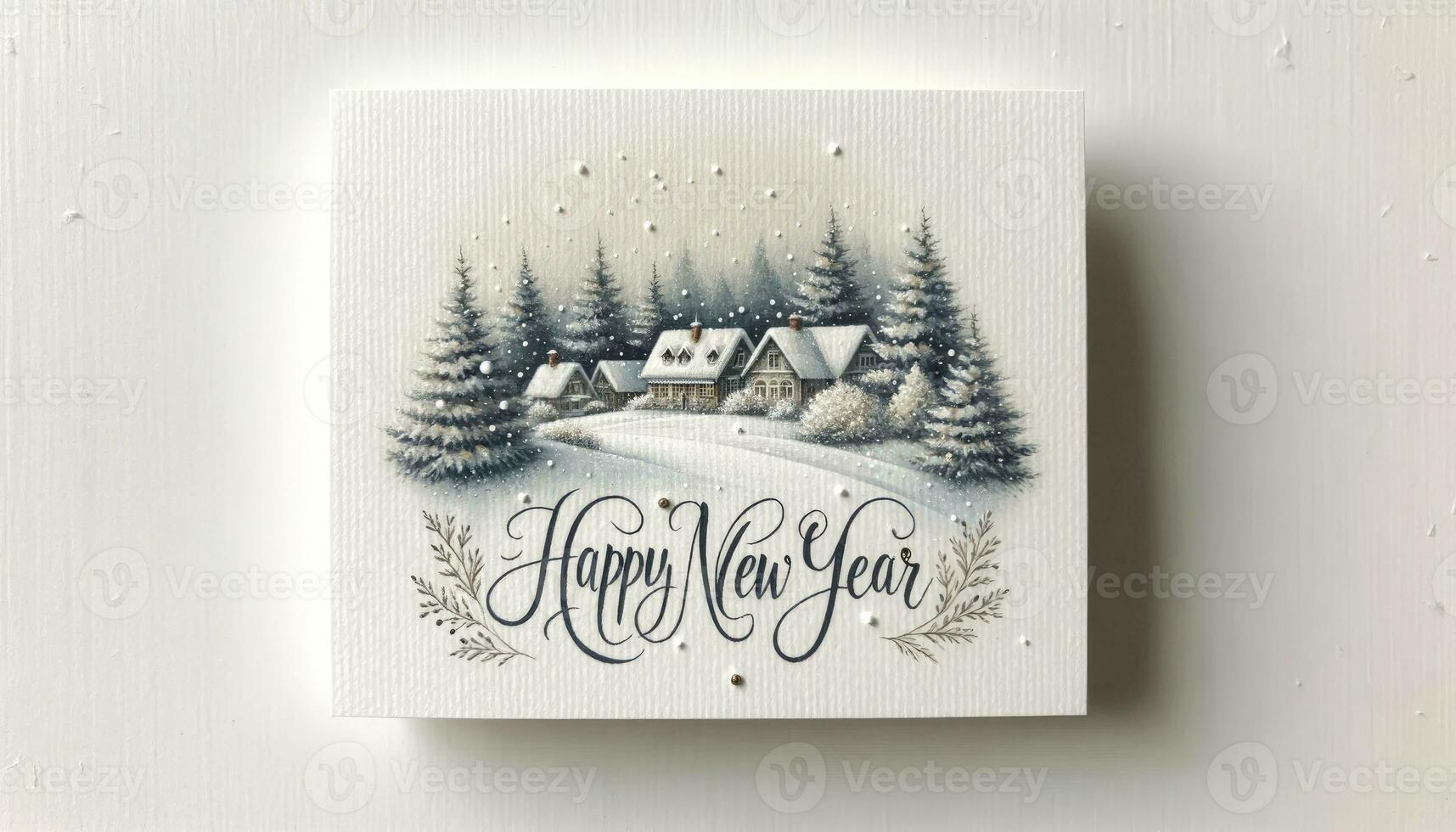 A Happy New Year card with a textured paper finish, featuring a hand-painted winter village scene and snowflakes. AI Generated photo