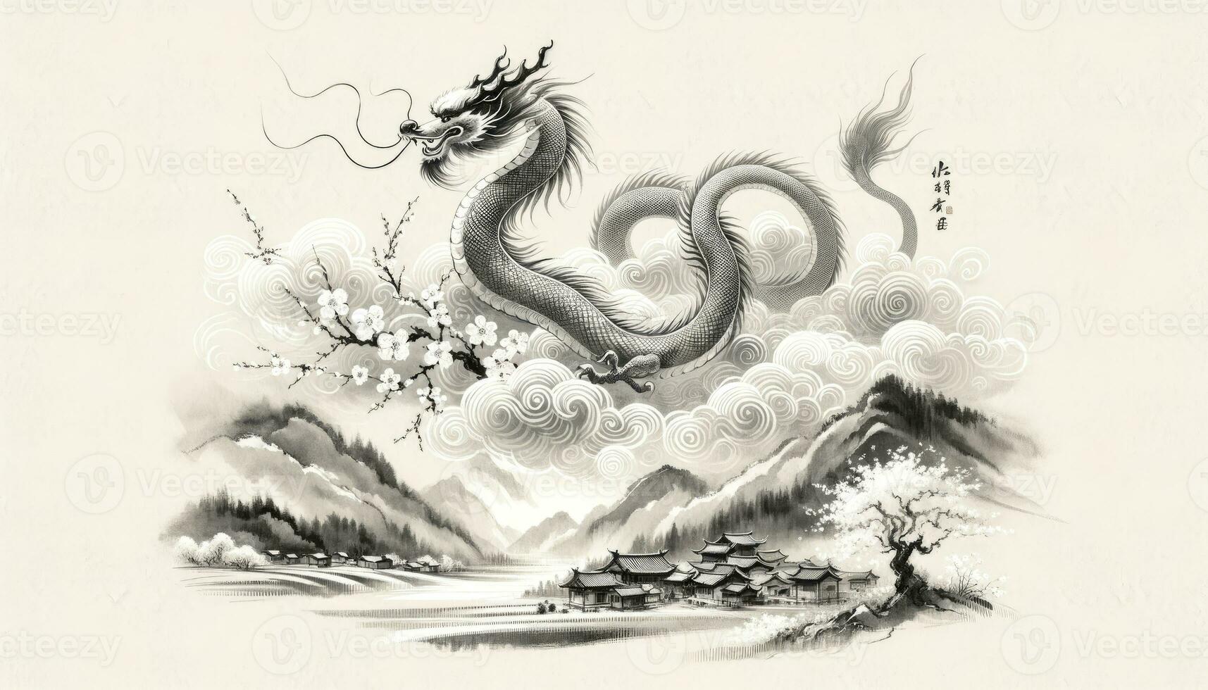 A graceful dragon winding its way through clouds above a tranquil village, representing luck and power. Cherry blossoms drift in the wind, symbolizing the renewal of spring. AI Generated photo