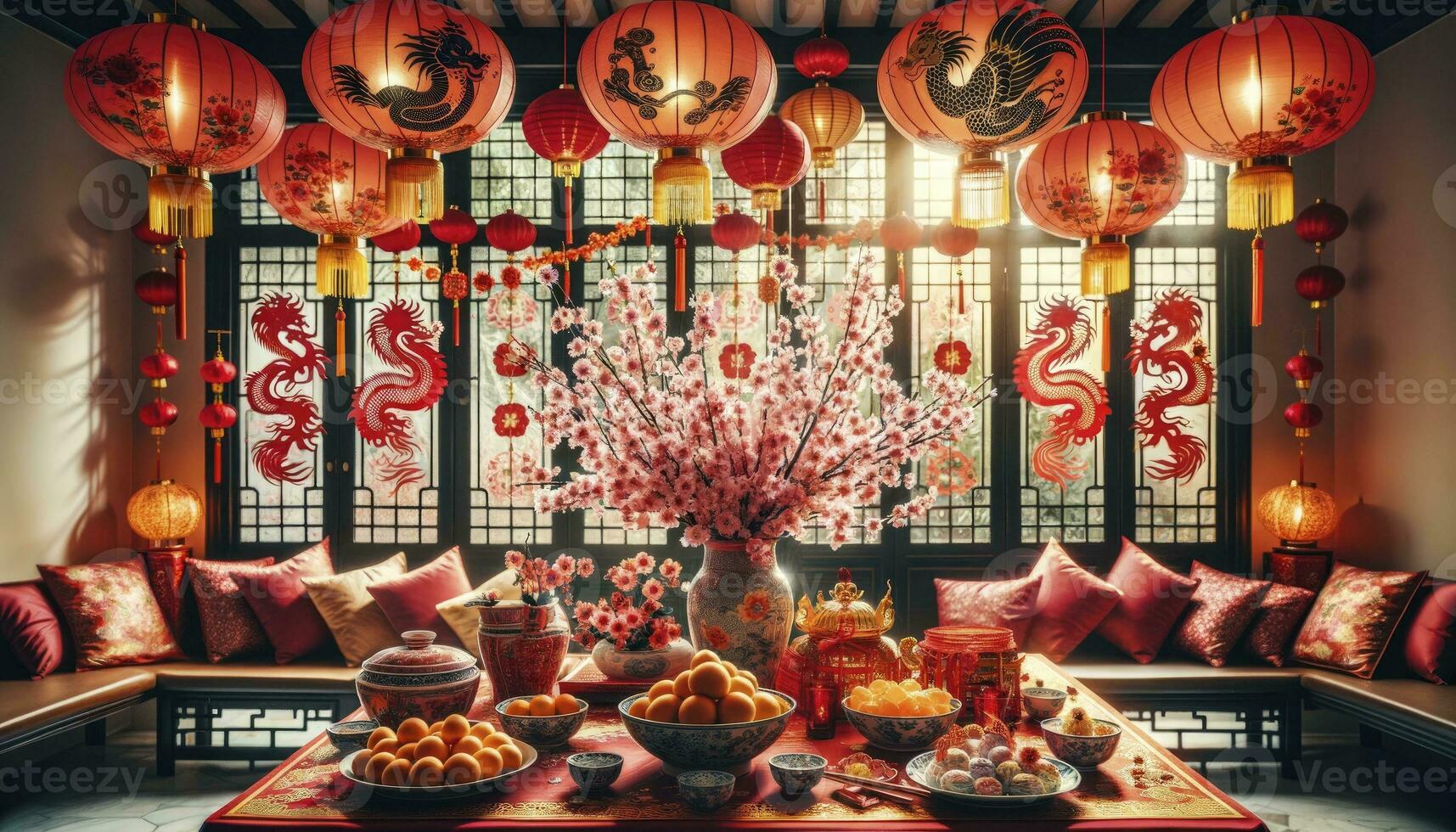 A festive living room adorned with vibrant red lanterns hanging from the ceiling, intricate paper cutouts on the windows, and a centerpiece of plum blossoms on the table. AI Generated photo