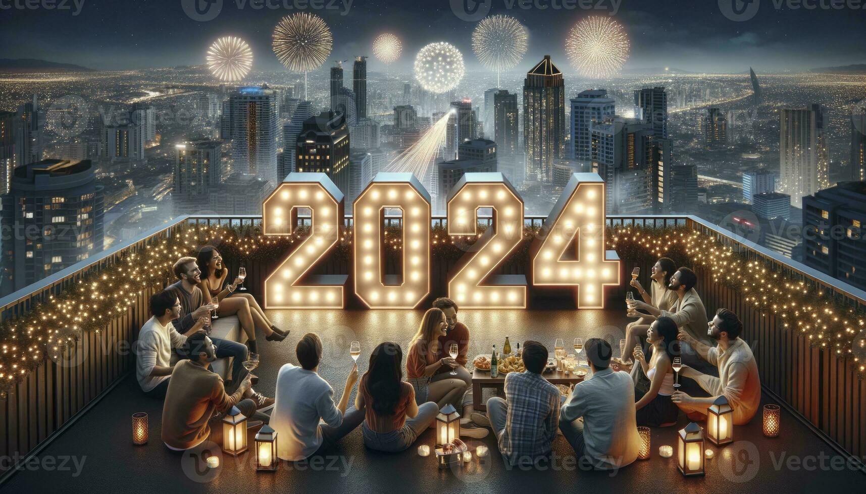 A picturesque rooftop celebration where groups of friends gather, with 2024 illuminated as a centerpiece against an urban landscape with fireworks. AI Generated photo