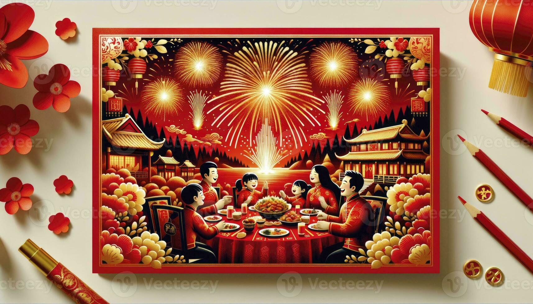 A festive postcard showcasing a vibrant celebration around a dinner table with golden fireworks in the background. AI Generated photo