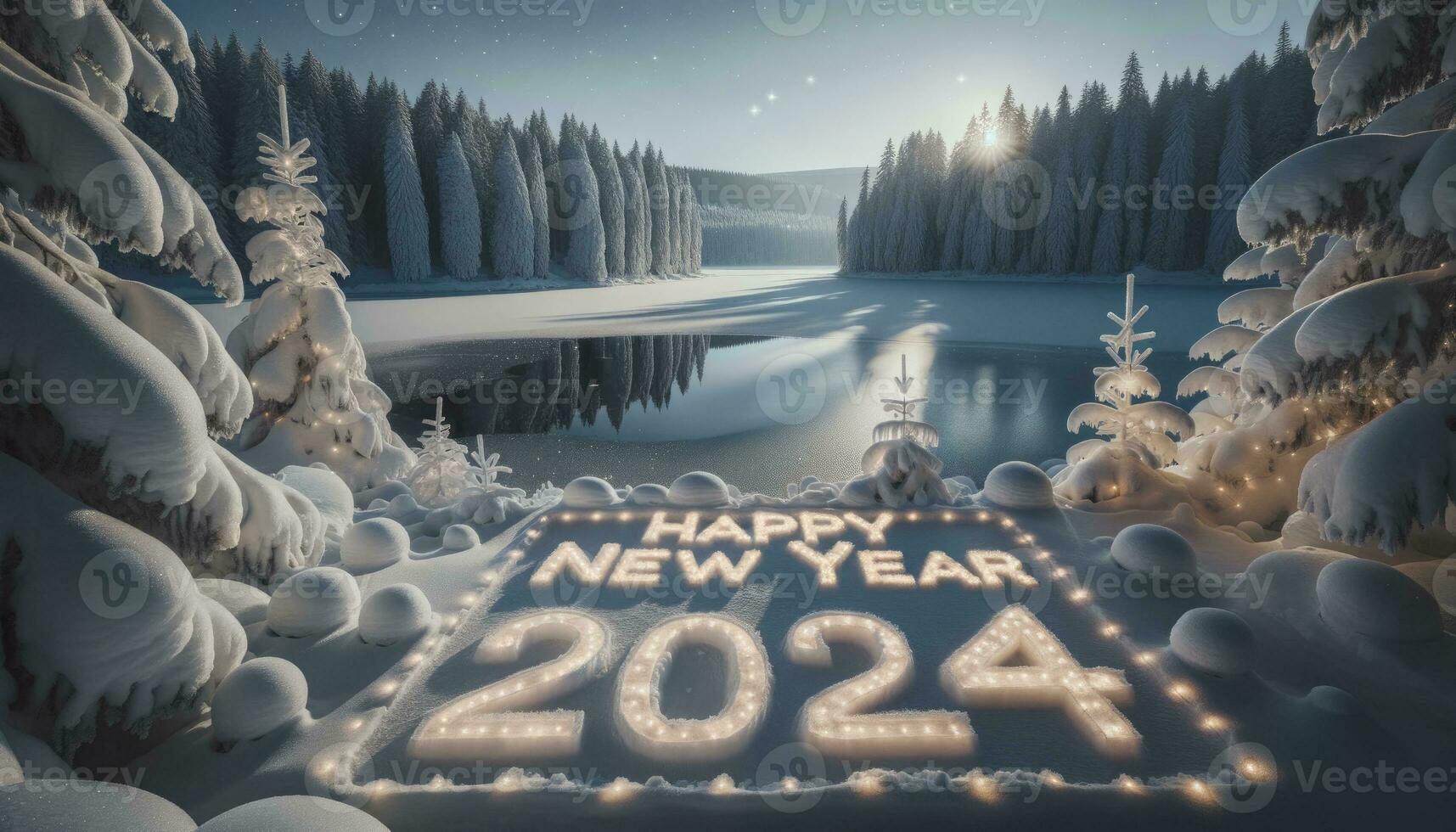 A serene frozen lake surrounded by snow-covered trees, with Happy New Year 2024 sculpted in the snow on the lakeshore, illuminated by fairy lights. AI Generated photo