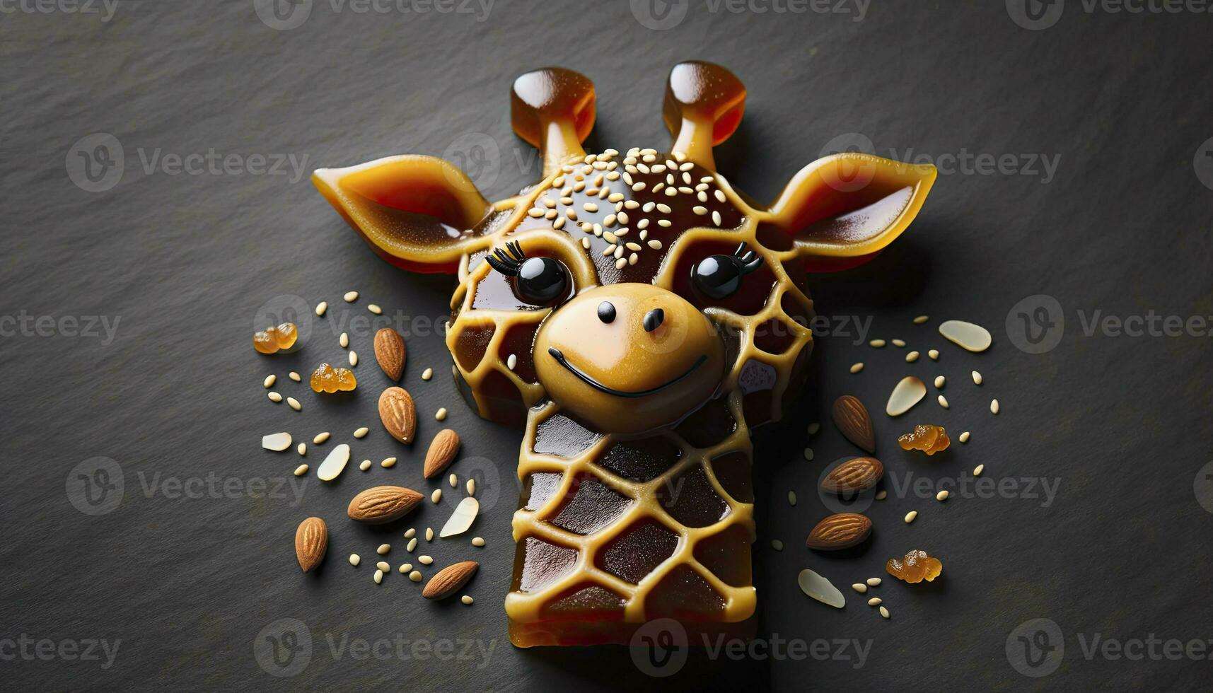 A treat shaped to represent a giraffe's head, crafted from caramelized jaggery, highlighting patterns with sesame seeds and detailed with slivered almonds and currants. AI Generative. photo