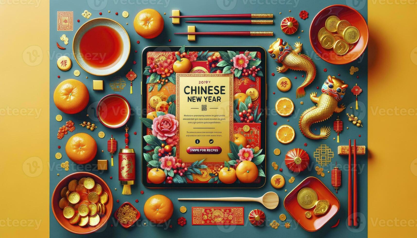 A vibrant Instagram post featuring a flatlay of traditional festive items such as red envelopes, golden coins, and tangerines. A Swipe for Recipes call to action is also displayed. AI Generated photo