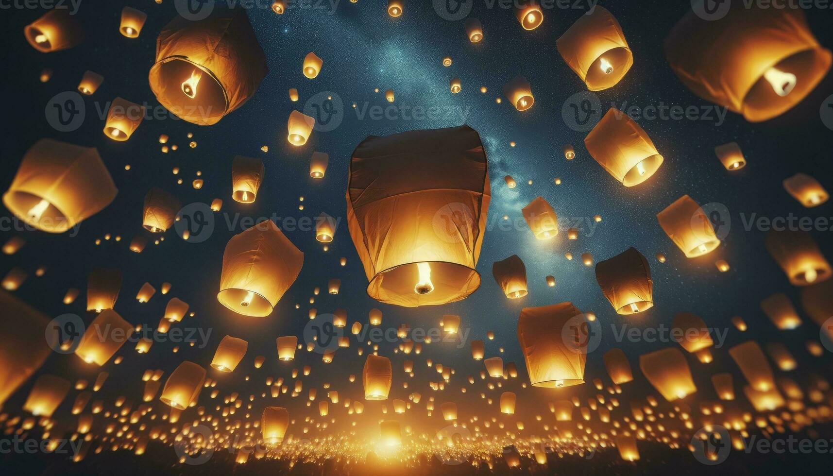 A background capturing the lantern festival essence, with hundreds of illuminated paper lanterns floating against a starlit night sky, each bearing wishes for the year ahead. AI Generated photo