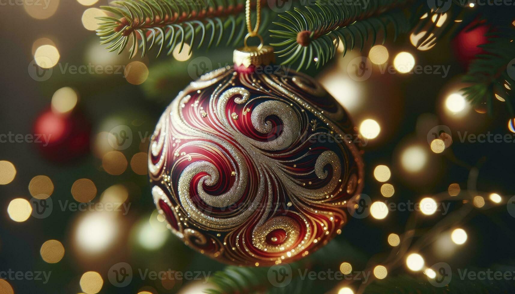 A close-up of a shimmering Christmas bauble painted in deep red and gold swirl patterns, hanging gracefully from a pine tree branch. AI Generated photo