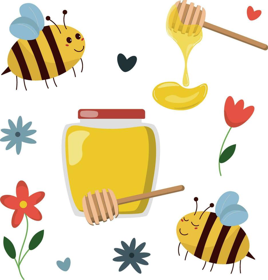 Vector set of cartoon bees, jars of honey and flowers