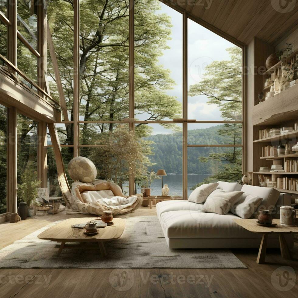 Interior Design, Minimalistic Living room with serene nature view, Beautiful villa design in the forest, AI Generative photo