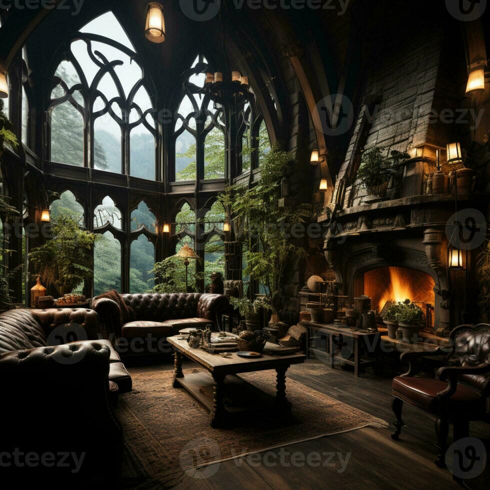 Interior Design, Beautiful Living room Gothic Style, Luxury Mansion, Elegant tall window, AI Generative photo