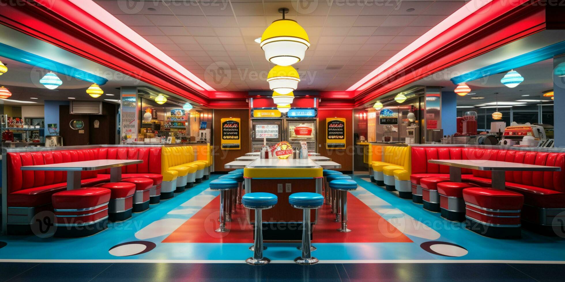 Retro vintage diner restaurant, interior design, stylish old fashioned design concept, AI Generative photo