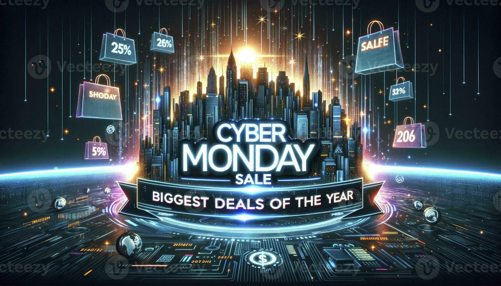 Cyber Monday Sale text emitting digital sparks. A scrolling ribbon announces the Biggest Deals of the Year, complemented by animated shopping bags. AI Generative. photo