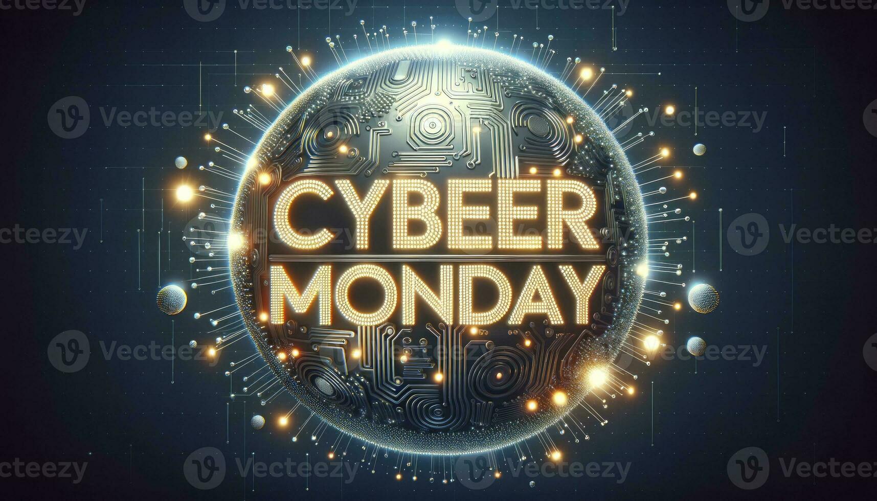 A tech-savvy universe with a metallic surface illuminated by LED patterns, highlighting the words Cyber Monday and surrounded by glowing orbs representing hot deals. AI Generative. photo