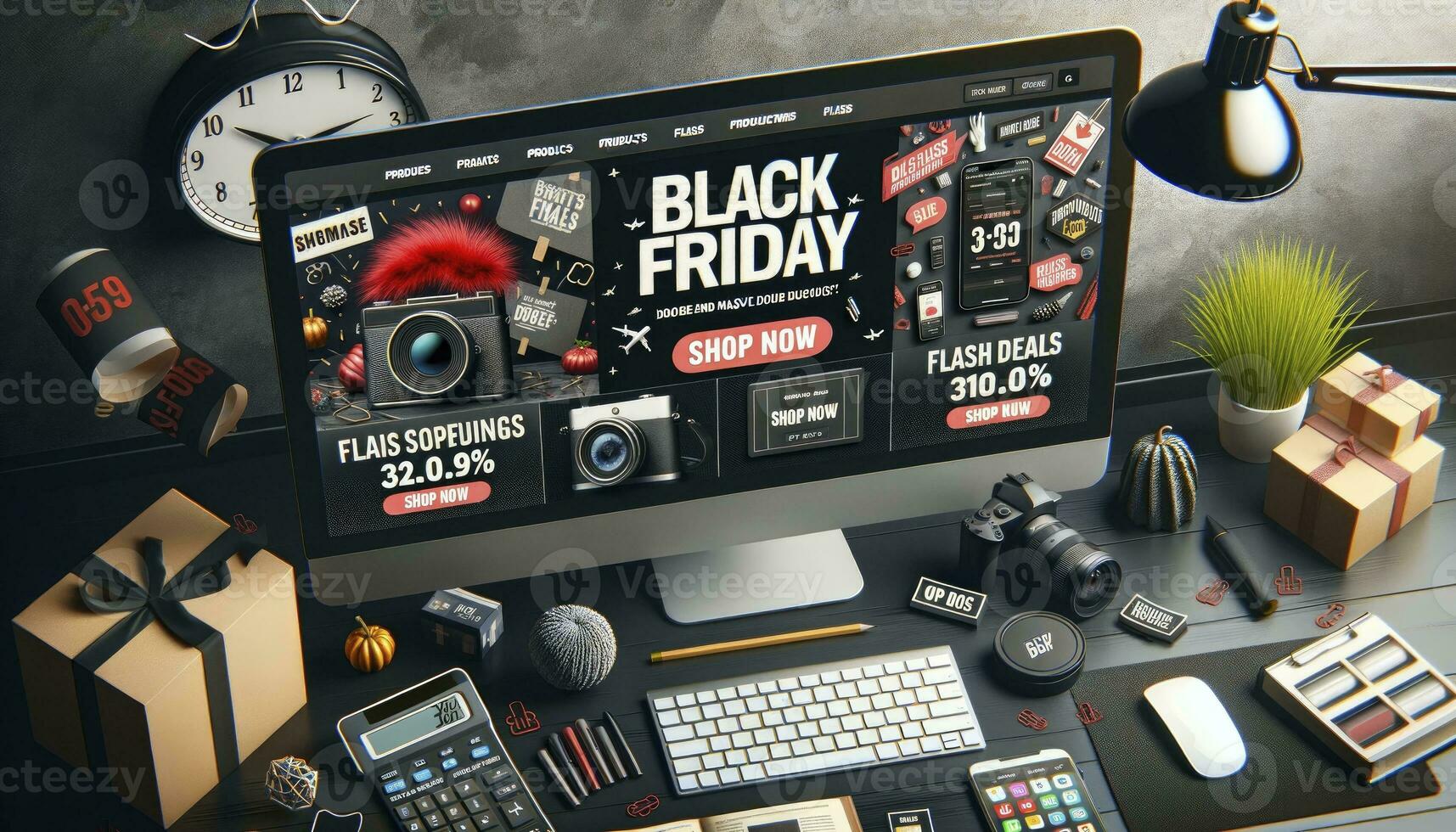 An online shopping website homepage showcasing Black Friday sales, featuring products with massive discounts and a prominent Shop Now button. AI Generative. photo