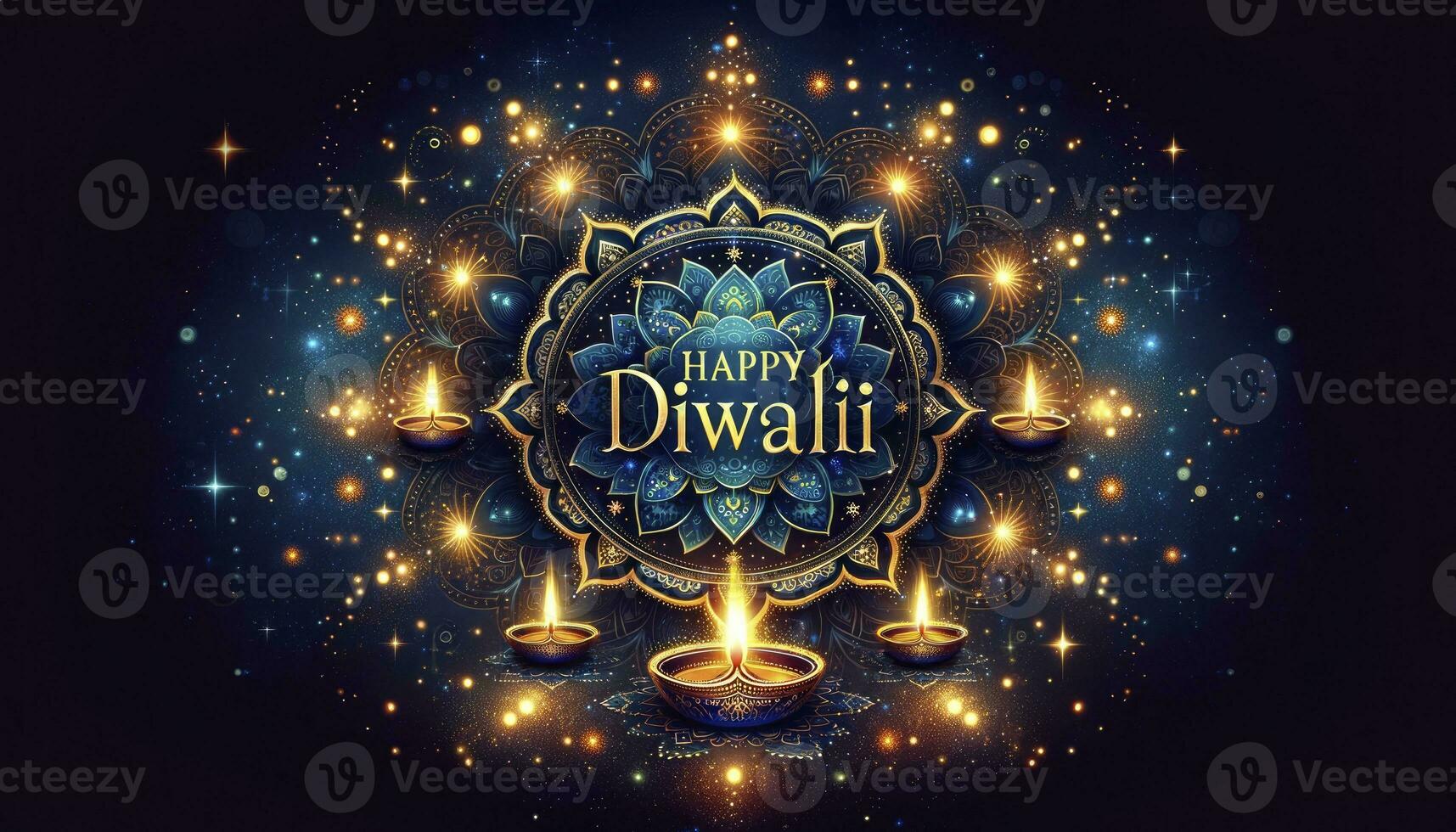 A celestial-inspired deep blue background with shimmering stars and galaxies, highlighting Happy Diwalii in radiant gold lettering, encased by an ornate mandala design and glowing. AI Generative. photo