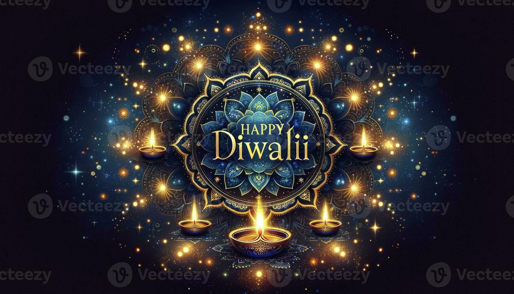 A celestial-inspired deep blue background with shimmering stars and galaxies, highlighting Happy Diwalii in radiant gold lettering, encased by an ornate mandala design and glowing. AI Generative. photo