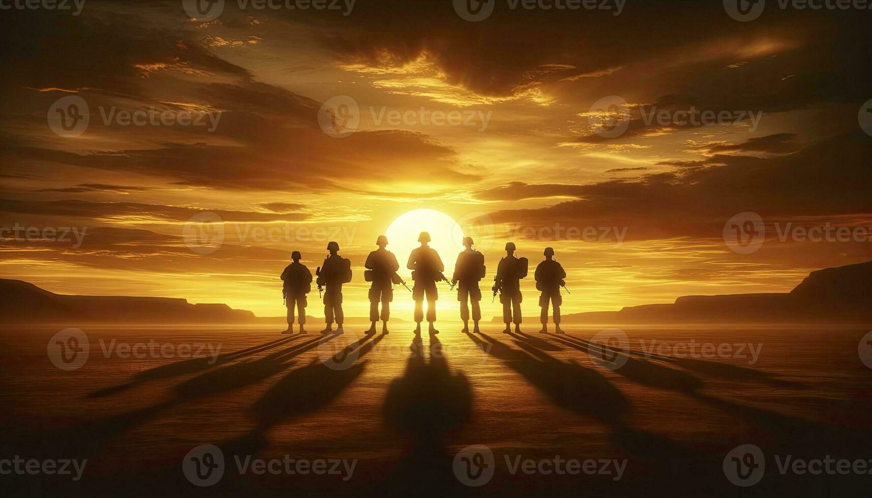 Showing military personnel silhouetted against a fiery sunset horizon. AI Generated photo