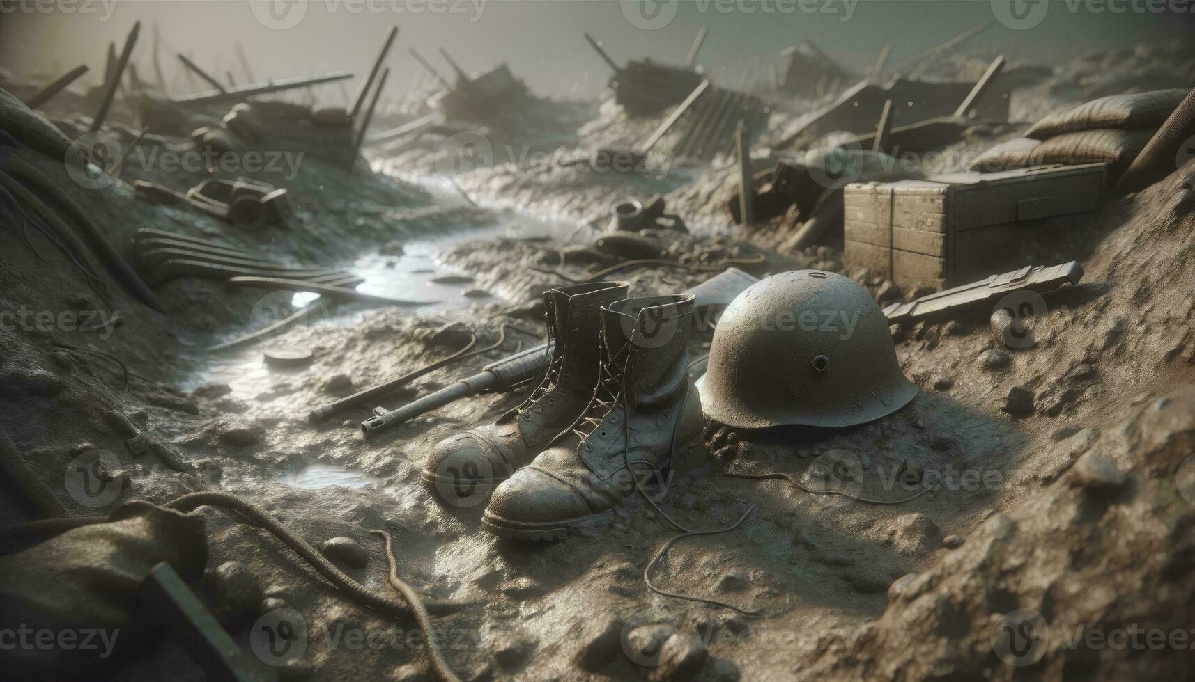 A battlefield scene after the conflict has ended, showing worn-out boots, a helmet with evidence of combat, all under subdued lighting. AI Generated photo