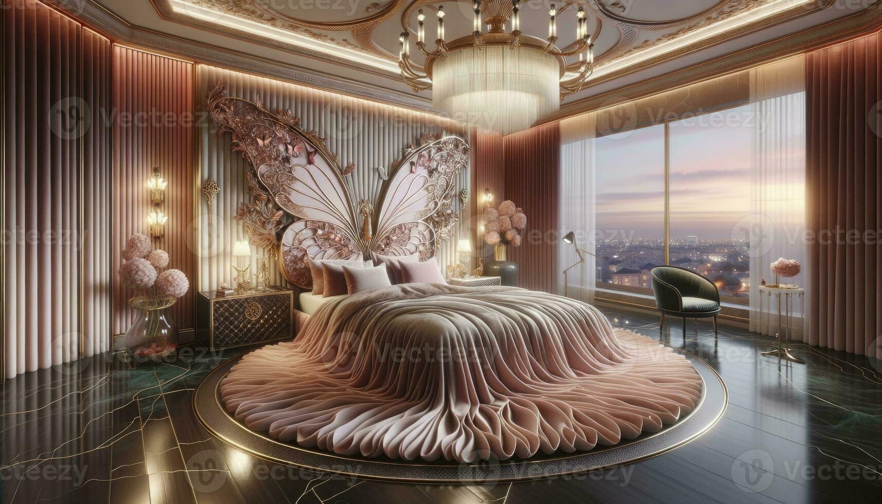 A photo-realistic render of the Butterfly Chamber, emphasizing its opulence, with a bed adorned in blush and rose gold hues and a contrasting dark rug. AI Generated photo