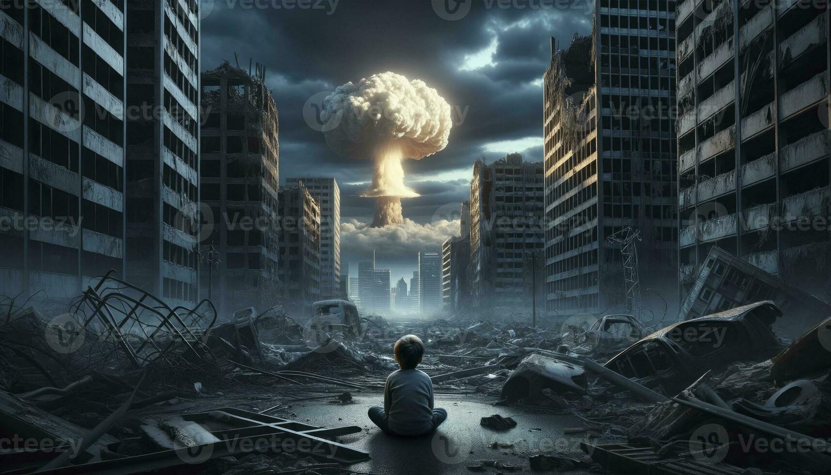 un devastado urbano paisaje con un niño sentado en medio de el restos, mirando a el distante explosión. ai generado foto