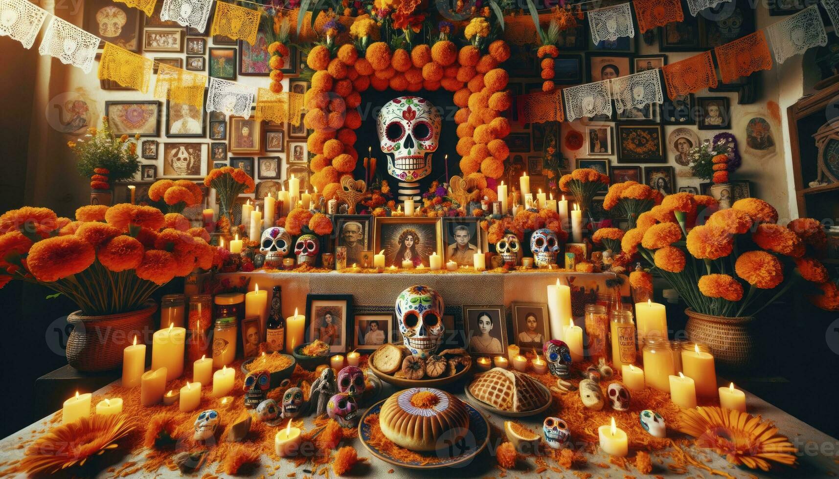 día de el muerto. un tradicional altar adornado con maravilla flores, velas, incienso, y ofrendas me gusta pan Delaware muerto y azúcar calaveras ai generativo. foto