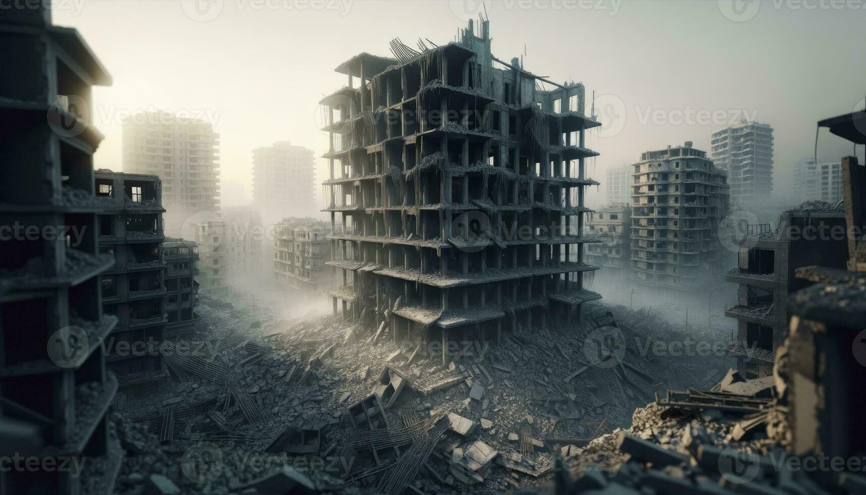 Showcasing a city building in ruins, emphasizing the tragic aftermath of conflict. AI Generated photo