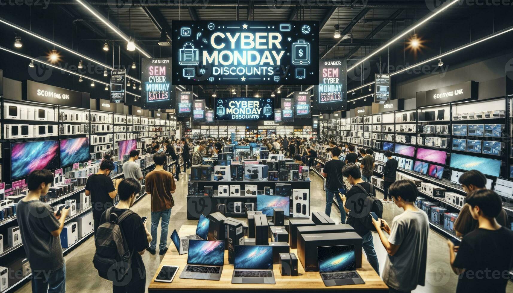 A bustling electronics store with shelves filled with discounted gadgets, laptops, and smartphones. Banners announce the Cyber Monday sales as customers eagerly shop. AI Generative. photo
