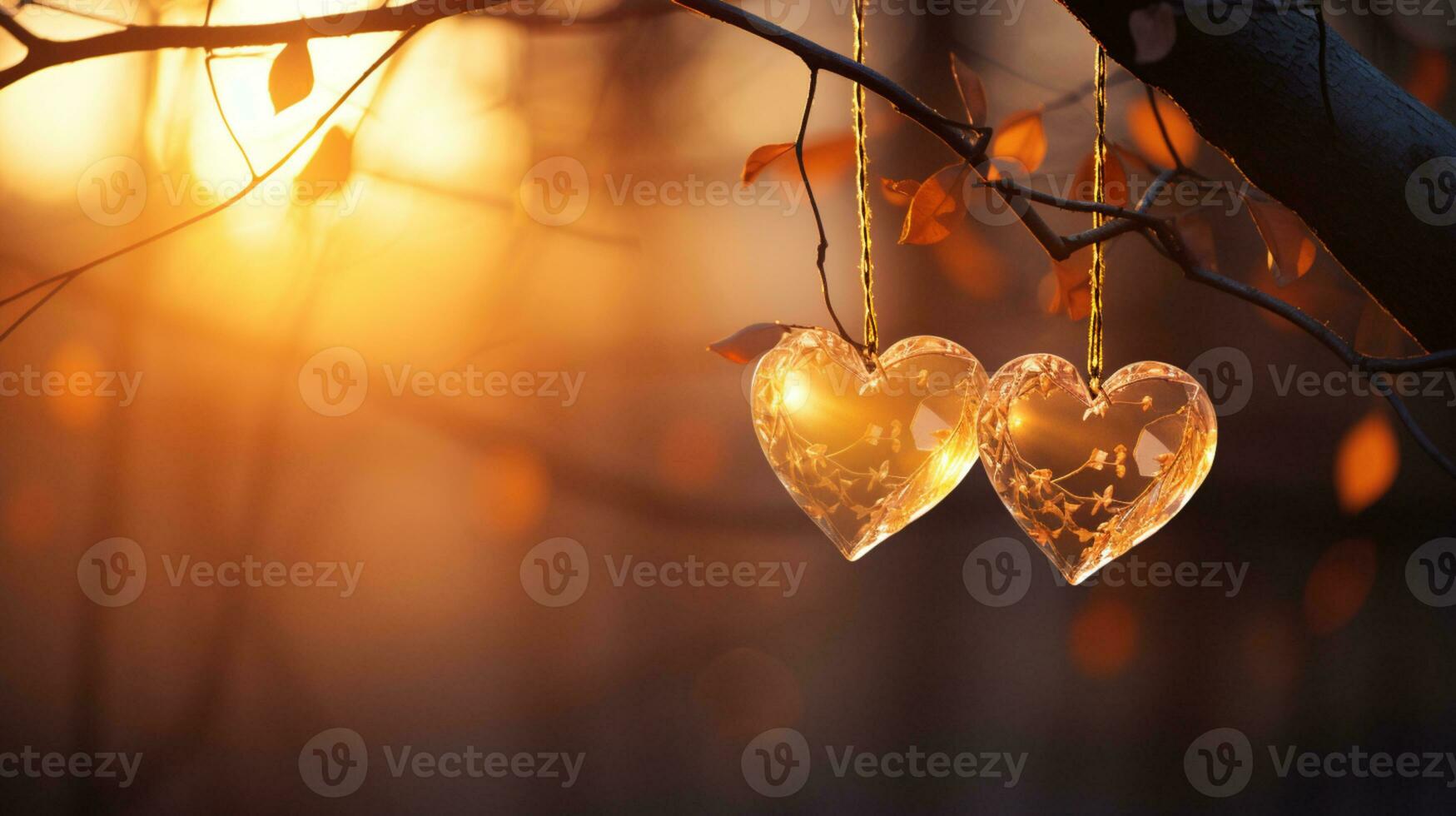 Sparkle Glowing Heart reflected lights, orange and gold, captivating visual, Romantic scenery, dreamy, copy space, greeting card, AI Generative photo