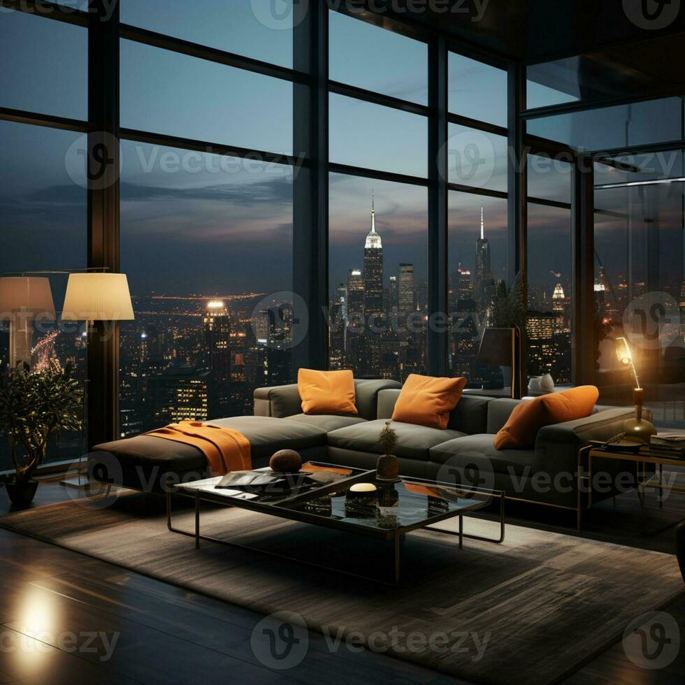 Interior Design modern Living room, windows show stunning view of the city skyline, Empty room apartment, AI Generative photo