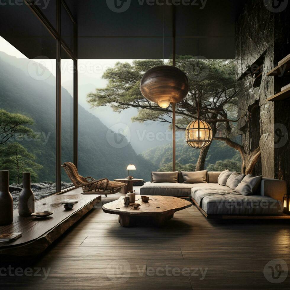 Interior Design, Living room with serene nature view, Beautiful mansion design in the forest, AI Generative photo