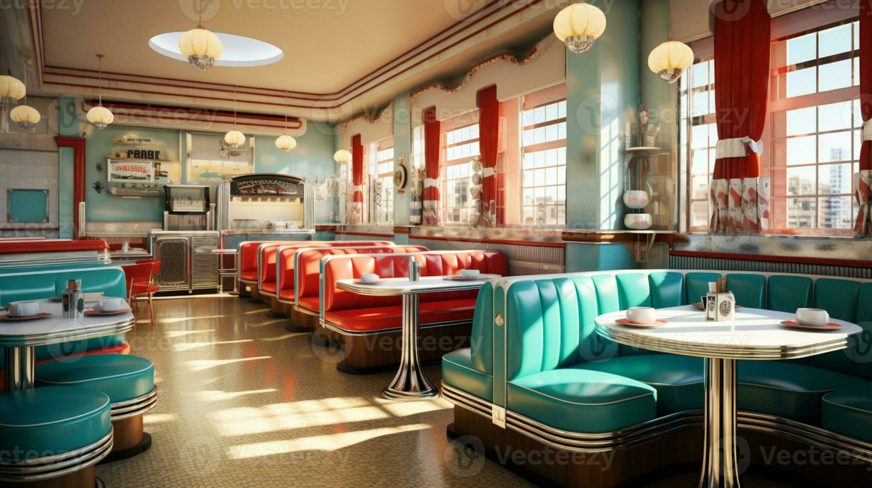 Retro vintage diner restaurant, interior design, stylish old fashioned design concept, AI Generative photo