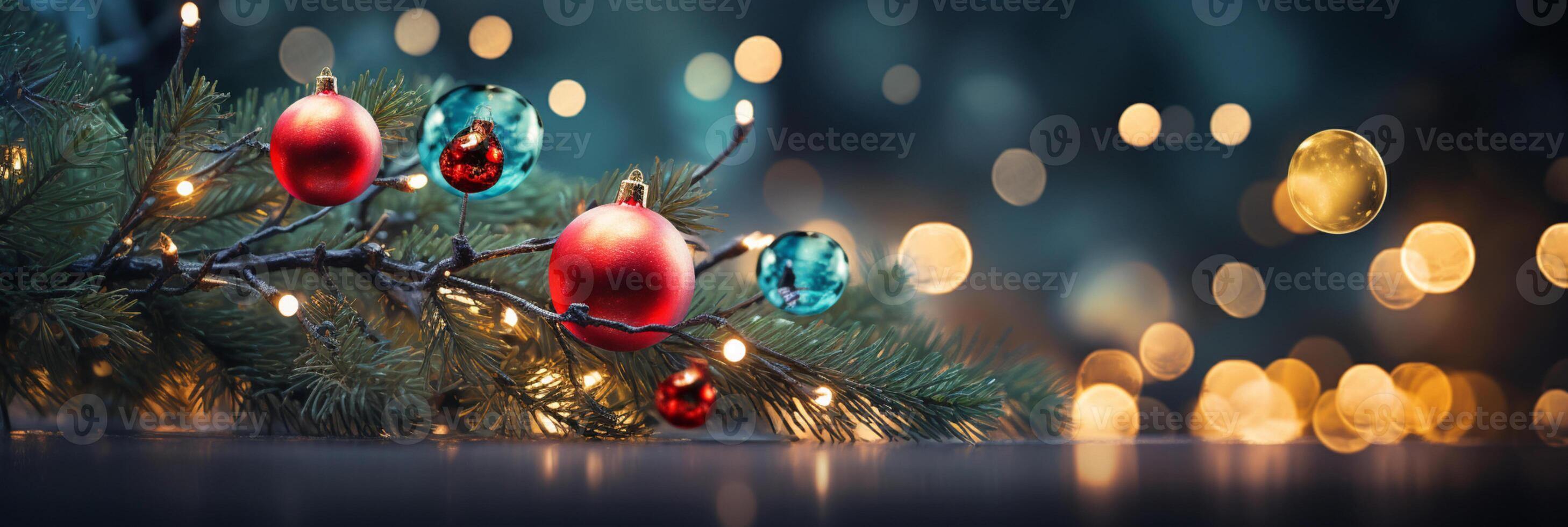 Close up of lighted Christmas tree Ornament, winter holidays decoration, copy Space, greeting card, AI Generative photo