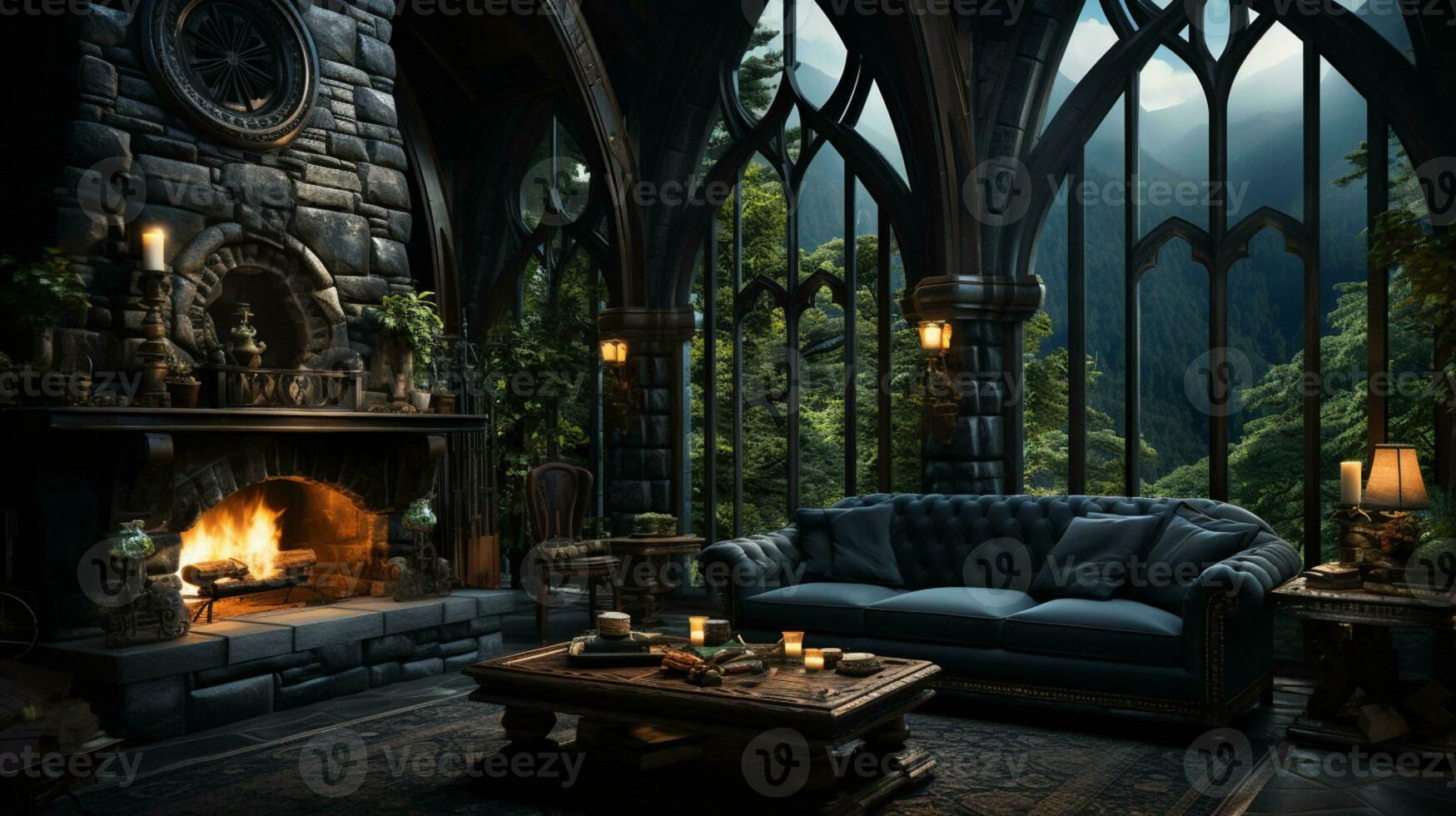 Interior Design, Beautiful Living room Gothic Style, Luxury Mansion, Elegant tall window, AI Generative photo