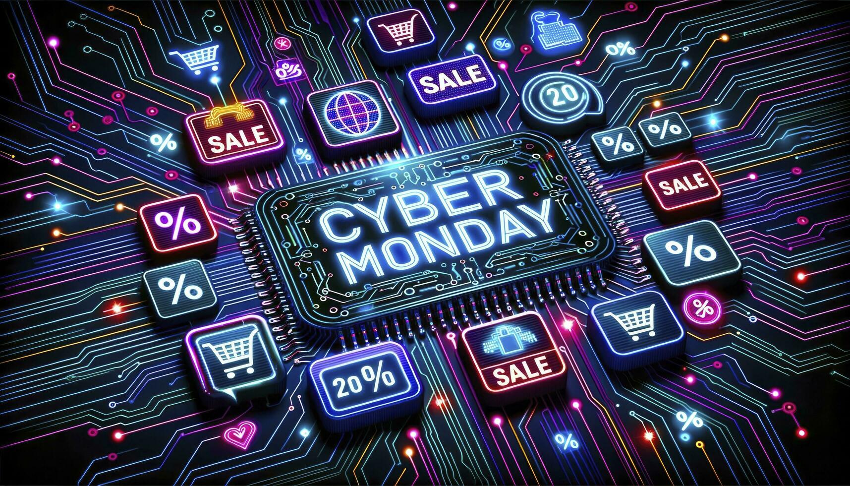 A dynamic background featuring digital circuit patterns, vibrant sale tags, and neon lights flashing Cyber Monday in futuristic fonts. AI Generative. photo