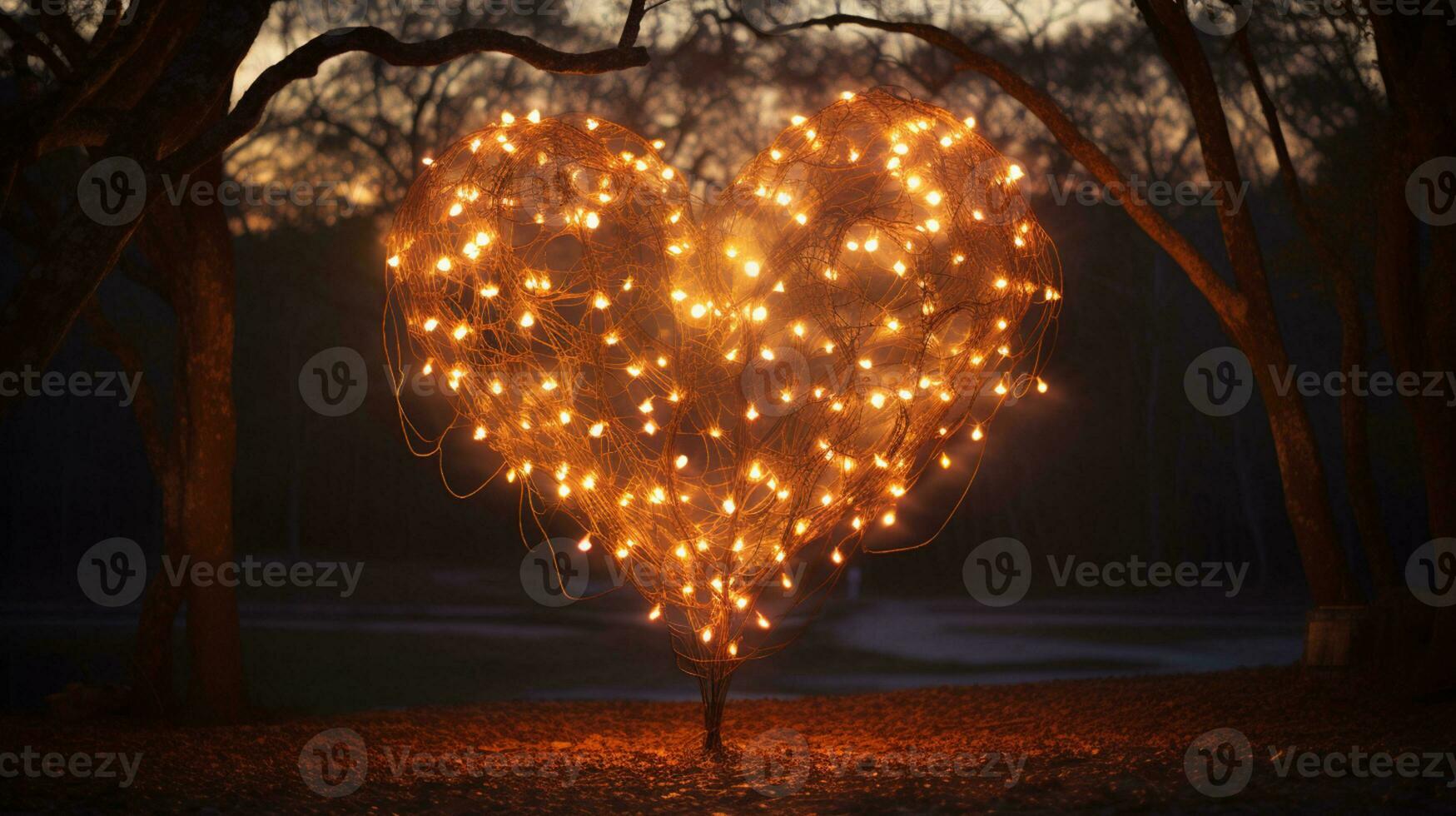 Sparkle Glowing Heart reflected lights, orange and gold, captivating visual, Romantic scenery, dreamy, copy space, greeting card, AI Generative photo