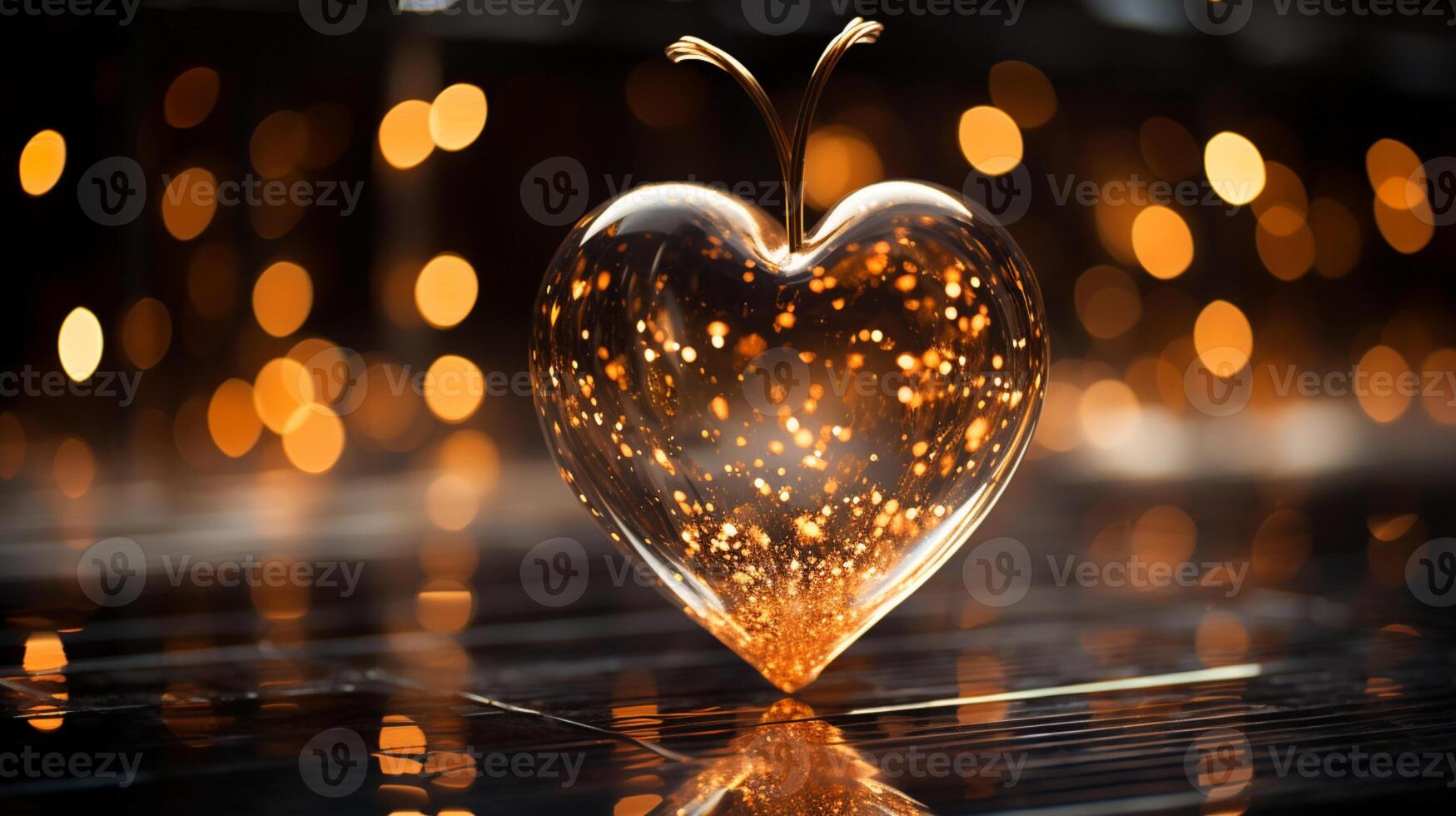 Sparkle Glowing Heart reflected lights, orange and gold, captivating visual, Romantic scenery, dreamy, copy space, greeting card, AI Generative photo