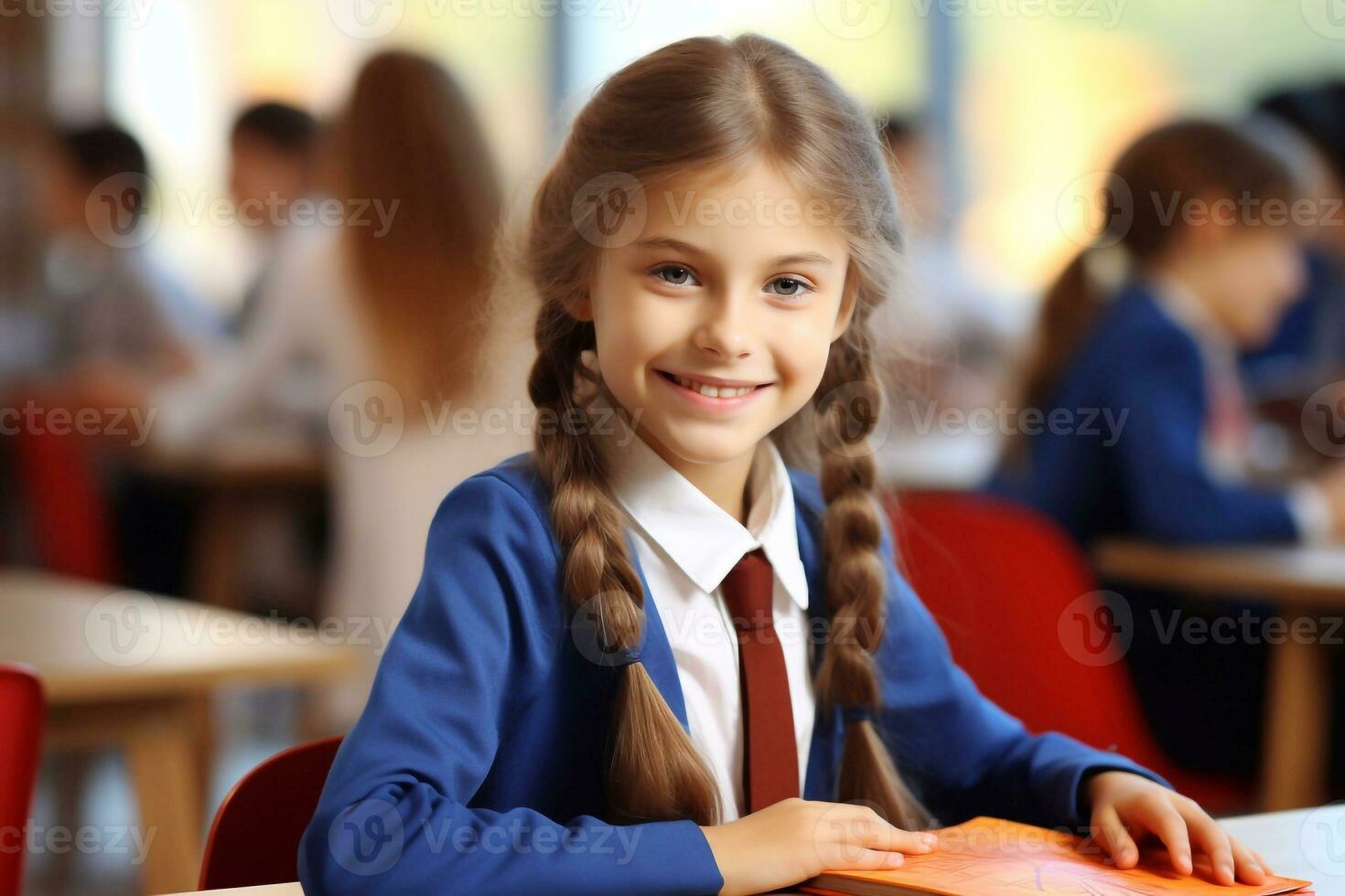 A photo of Cute little girl sitting at school desk in classroom, on blurred background Generative AI