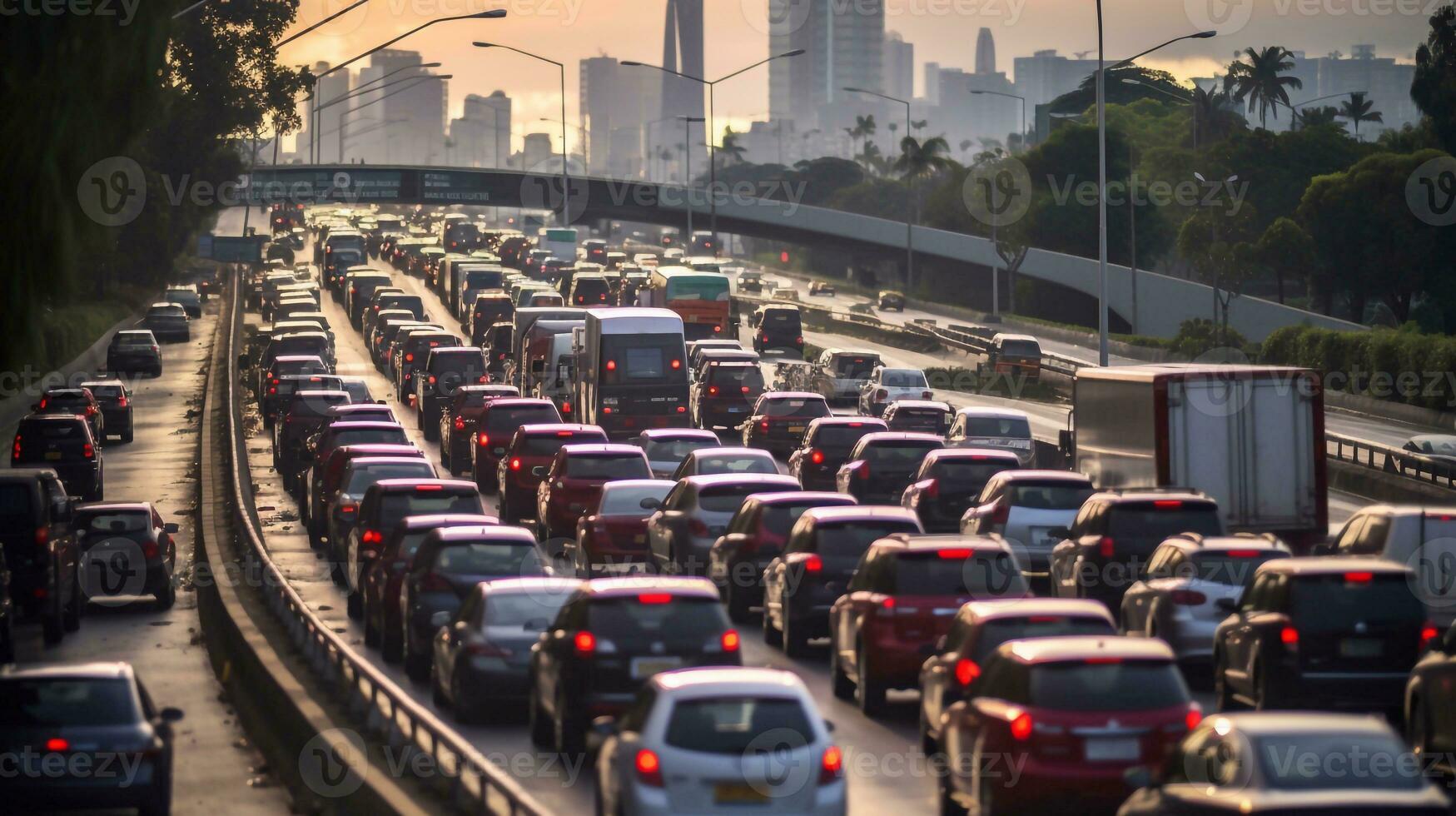 lado Disparo tráfico mermelada en la carretera. tráfico mermelada a prisa hora. tráfico bloquear a la carretera generativo ai foto