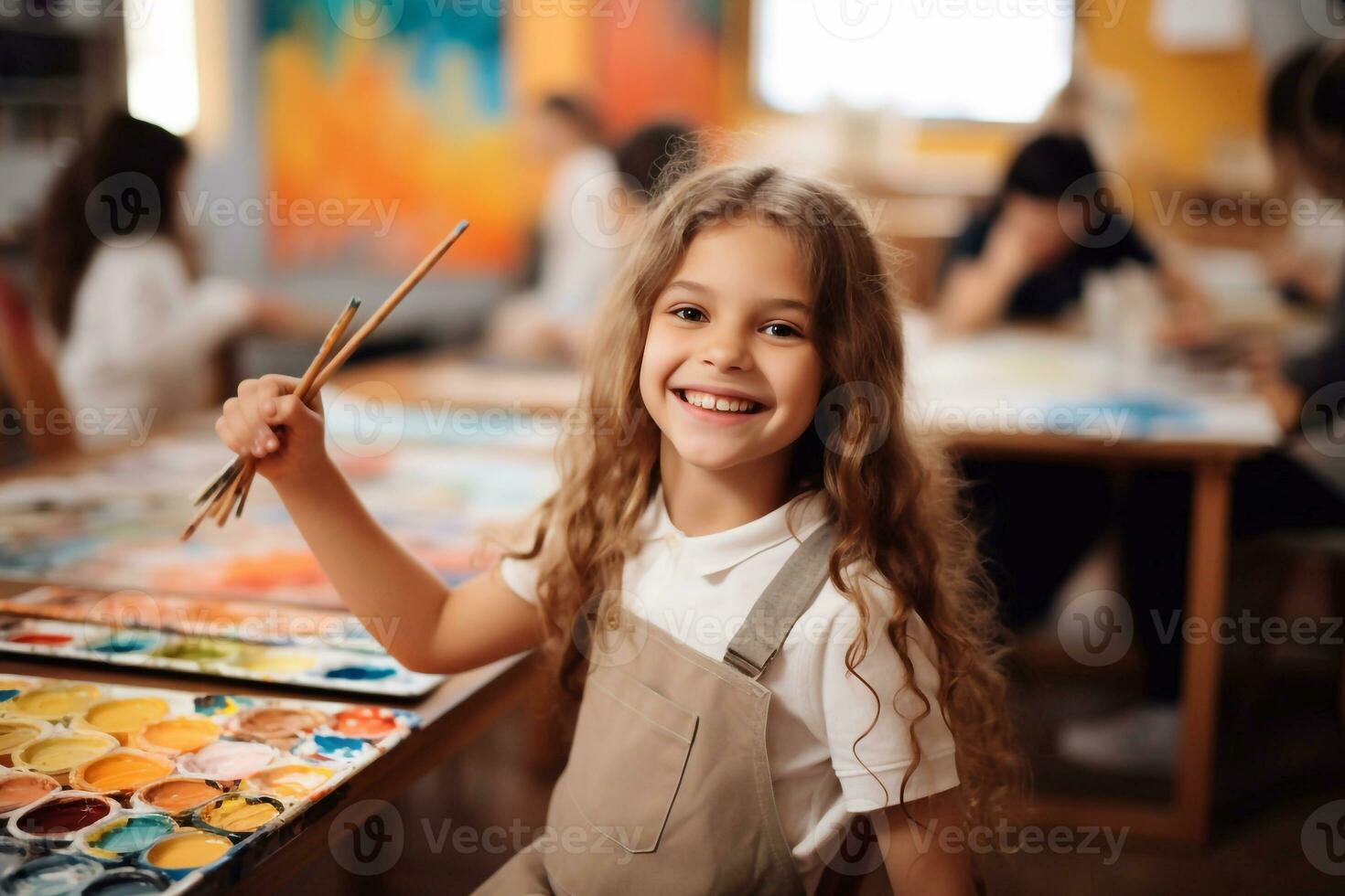 A image of Portrait of a cute little girl with long hair in apron smiling and holding paintbrushes in her hands while standing in art class Generative AI photo