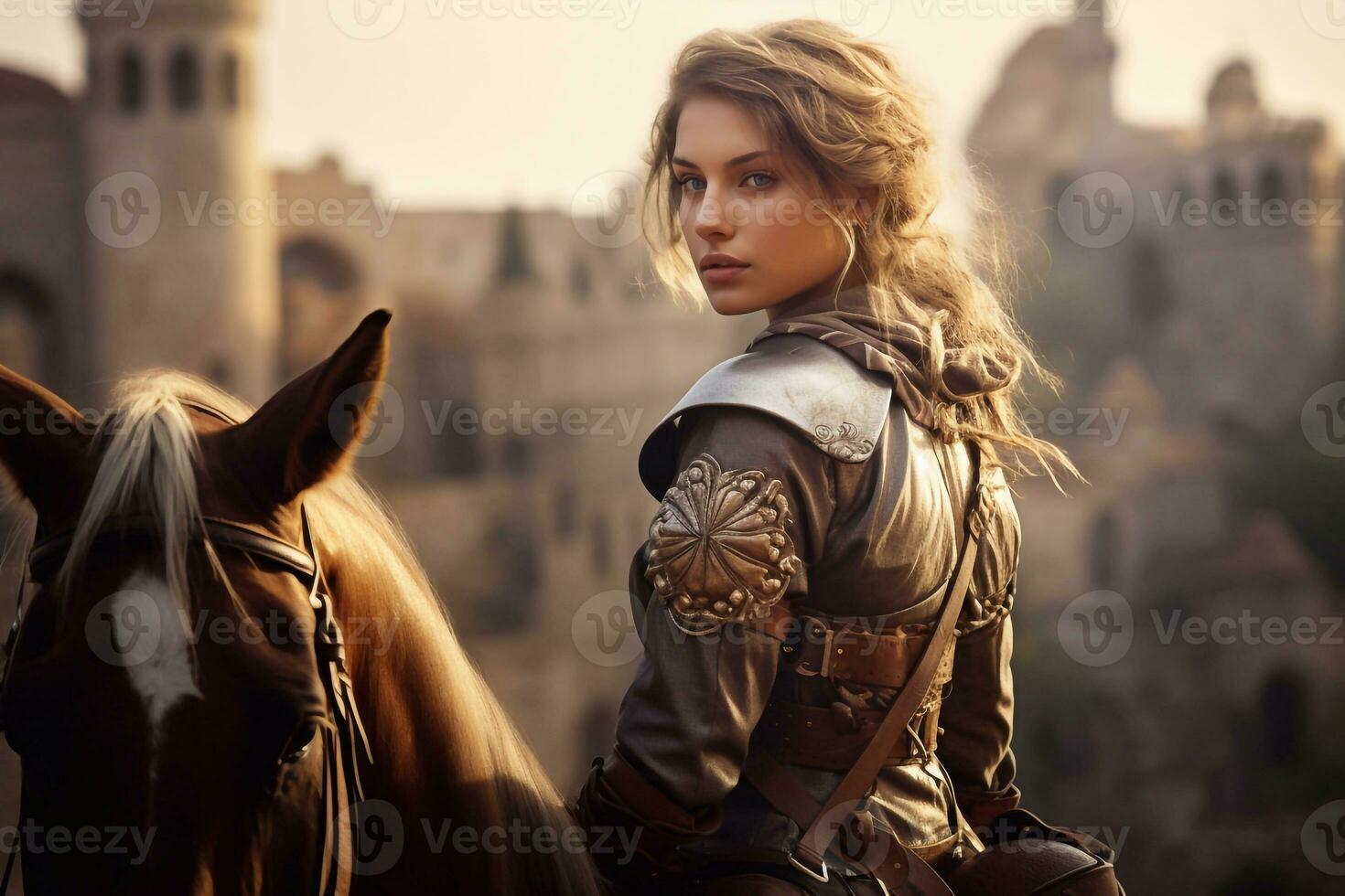 A closeup of Beautiful girl in medieval costume with black horse on background of castle Generative AI photo