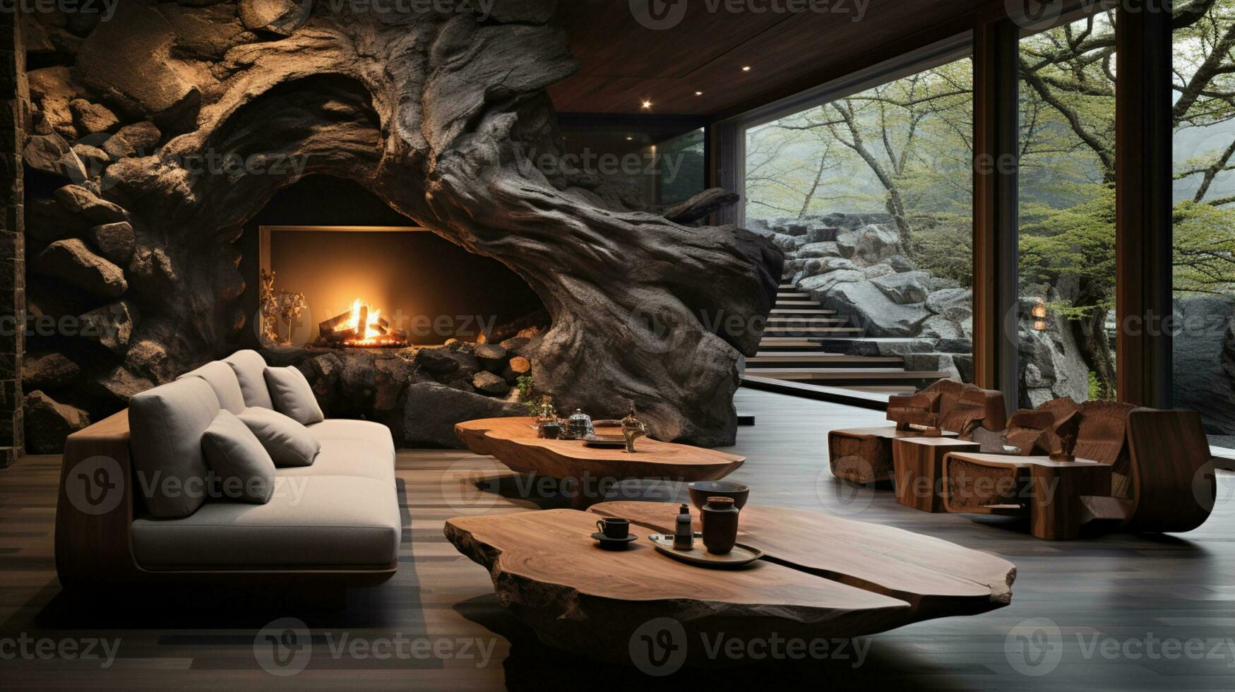 Interior Design, Living room with serene nature view, Beautiful mansion design in the forest, AI Generative photo