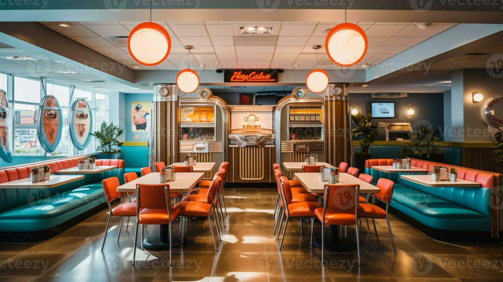 Retro vintage diner restaurant, interior design, stylish old fashioned design concept, AI Generative photo