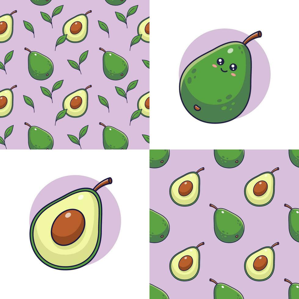 Set of Cute Kawaii Avocado patterns. Food fruit flat icon. Cartoon Avocado seamless pattern, doodle style. Vector hand drawn illustration. Patterns for kids clothes. Avocado patterns collection