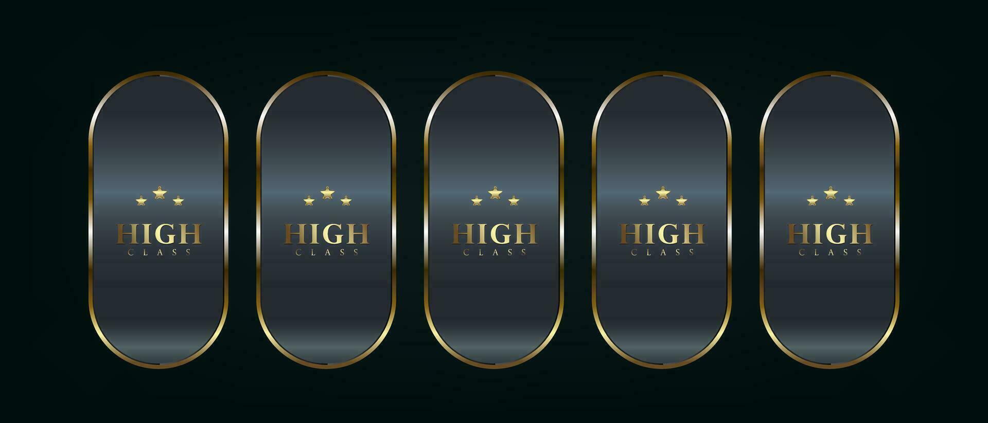 Five dark premium and gold buttons set with gold glossy and gradient effect vector illustration on isolated on black background
