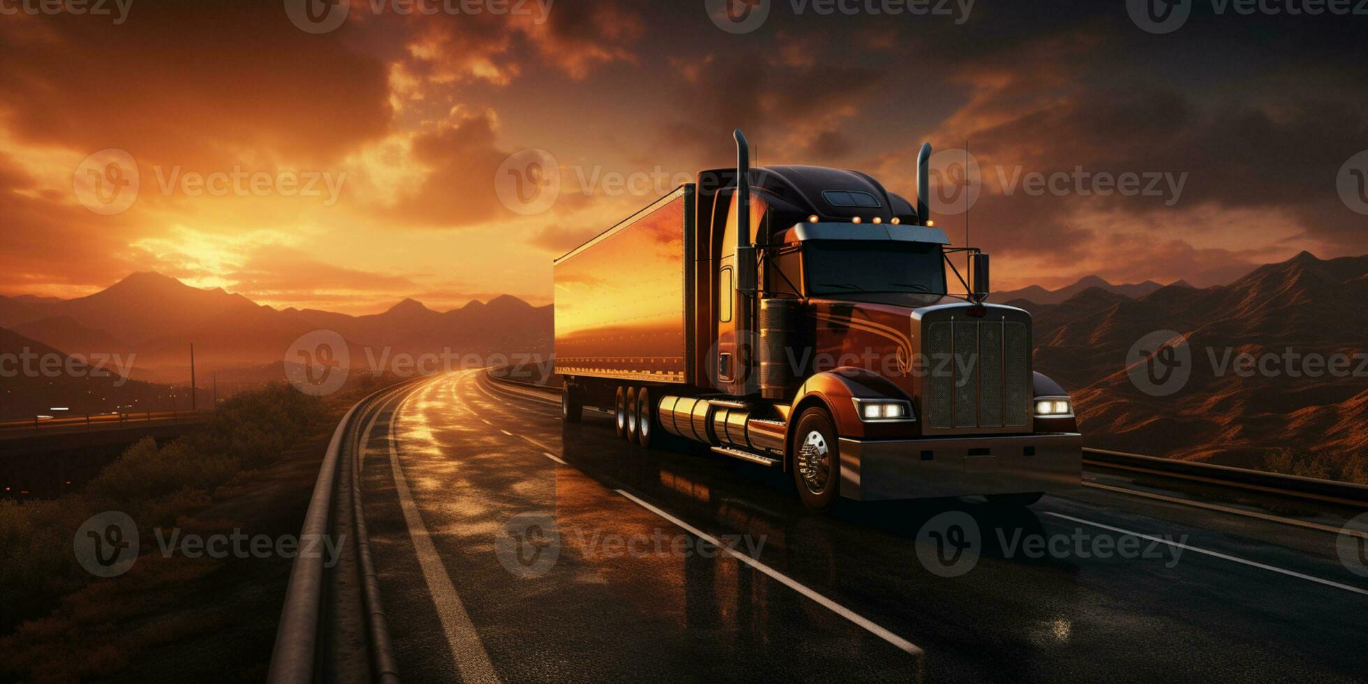 Trucks driving on highway, rural landscape, dramatic sunset, transportation on road, AI Generative photo