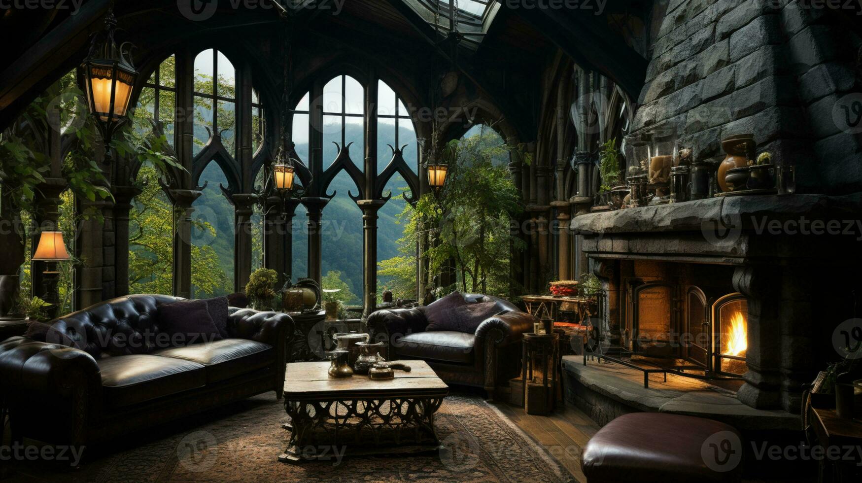 Interior Design, Beautiful Living room Gothic Style, Luxury Mansion, Elegant tall window, AI Generative photo