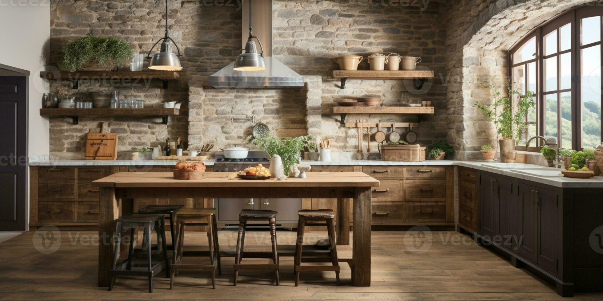 rústico casa de Campo cocina, elegante espacioso Cocinando área, interior diseño, ai generativo foto