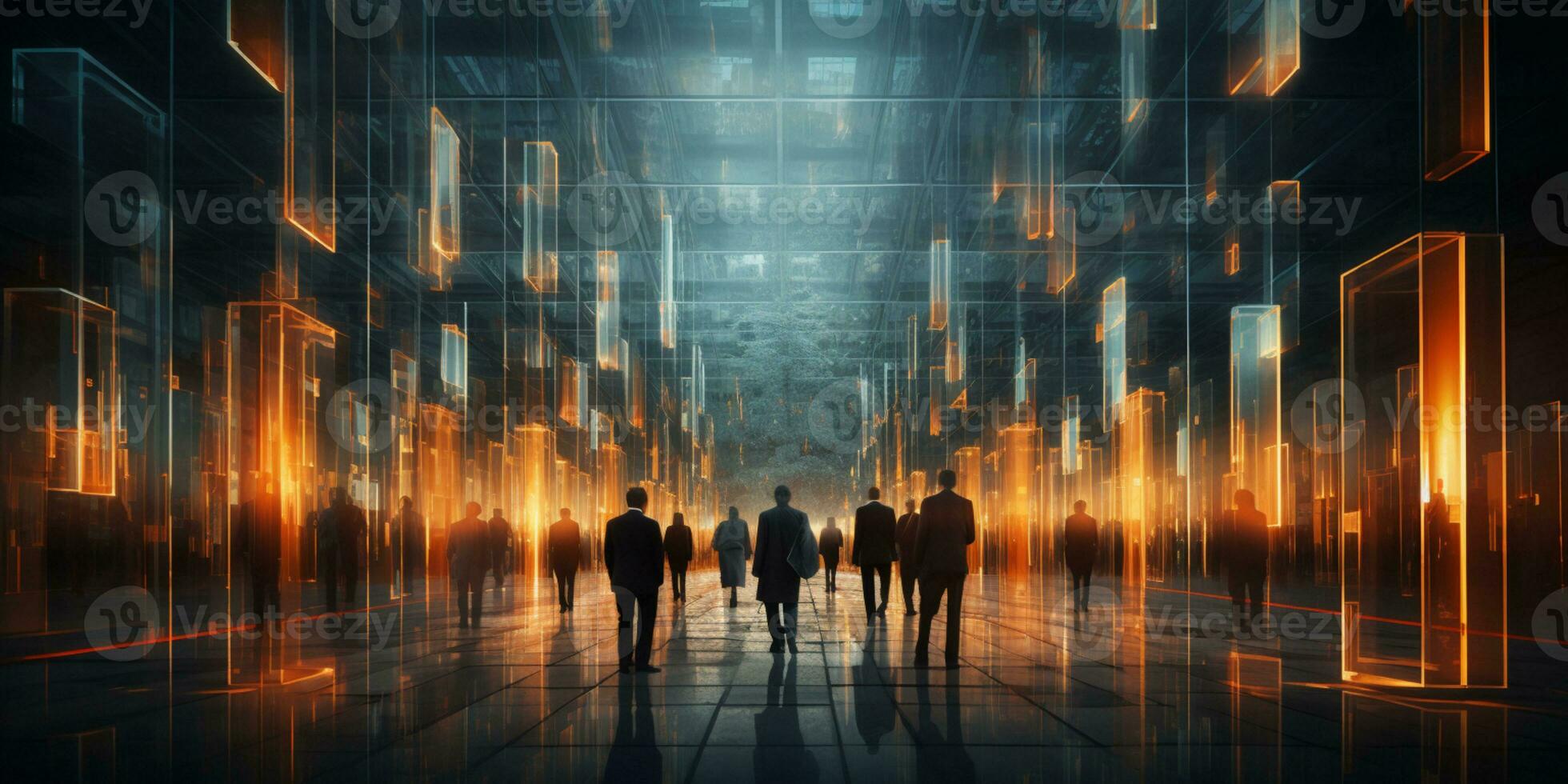 Business People walking in modern futuristic lobby, Blurred motion, AI Generative photo