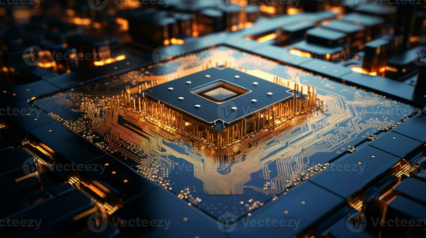 High-tech Computer chip close up shot, production of electronic, circuit board, futuristic design, extreme detail, AI Generative photo