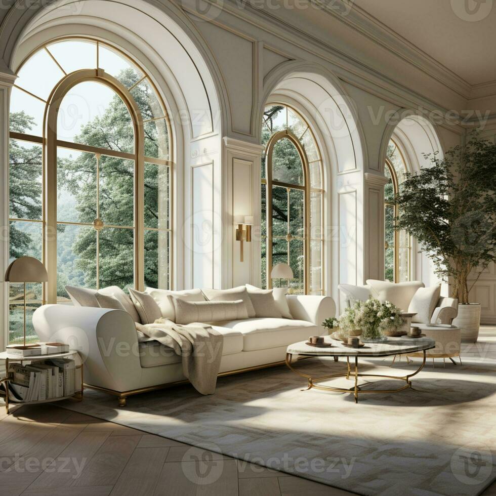 Interior Design Luxurious modern Living room, minimal tall window, Cozy sofa, serene nature scenery, Elegant villa, AI Generative photo